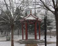 不一會(huì)，雪花就輕輕地覆蓋了整個(gè)大駐馬，連路邊游園的亭臺(tái)都讓這雪花修飾的如此意境不凡。