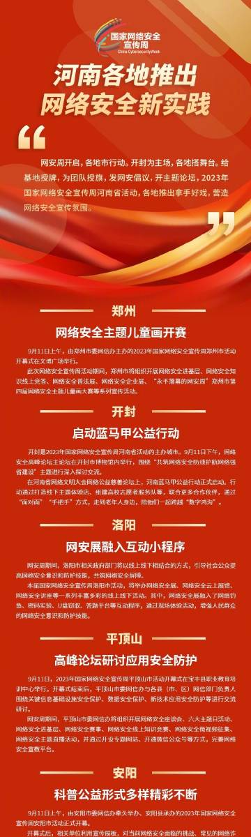 #聚焦2023網(wǎng)絡(luò)安全宣傳周河南省活動# 2023年國家網(wǎng)絡(luò)安全宣傳周河南省活動開啟，各地推出拿手好戲，營造網(wǎng)絡(luò)安全宣傳氛圍。#河南進(jìn)入網(wǎng)安周時間##網(wǎng)絡(luò)安全護(hù)航高質(zhì)量發(fā)展##網(wǎng)絡(luò)安全賦能美好生活#